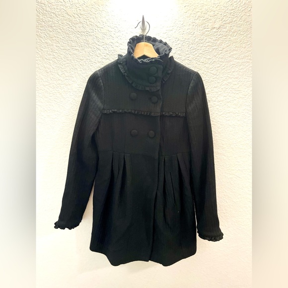 Steve Madden M Black Ruffle Mockneck Collar Wool Blend Coat Whimsigoth Romantic - Picture 2 of 8